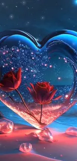 Romantic heart with red roses on a night ocean background.