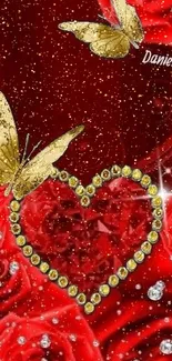 Romantic wallpaper with red roses, heart-shaped gem, and golden butterflies.