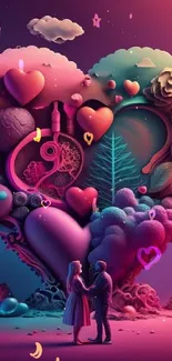 Romantic heart art with couple silhouette and vibrant colors.