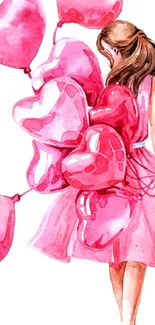 A girl in a pink dress holding heart-shaped balloons.