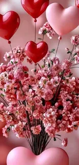 Romantic bouquet of flowers and heart balloons.