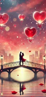 Romantic couple on a bridge with heart balloons in a pink sky.