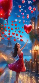 A romantic night scene with heart-shaped balloons in a cityscape.