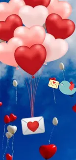 Heart-shaped balloons float in a blue sky with love letters below.