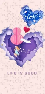 Romantic pink and purple heart wallpaper with hot air balloon and 'Life is Good' text.