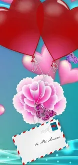 Romantic wallpaper with red heart balloons and butterflies.