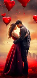 Romantic couple surrounded by red heart balloons on a mobile wallpaper.