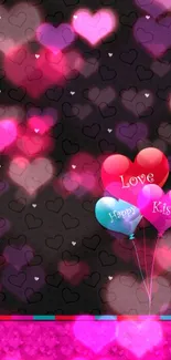 Romantic wallpaper with colorful balloons and heart pattern on black background.