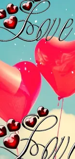 Romantic red heart balloons floating in a blue sky with decorative text.