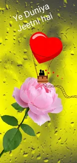 Romantic mobile wallpaper with pink rose and heart balloon on yellow background.