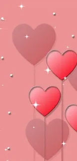 Pink mobile wallpaper with red heart balloons and polka dots.