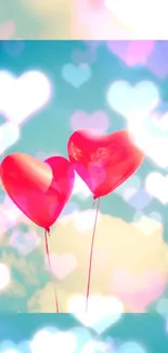 Two heart-shaped balloons float in a dreamy sky with bokeh lights.