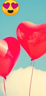 Heart-shaped red balloons float in a bright blue sky, evoking romance and joy.