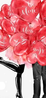 Romantic couple hidden behind heart-shaped love balloons.