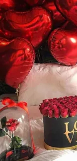 Romantic wallpaper with red heart balloons and roses.