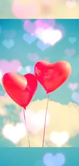 Romantic sky with floating heart balloons in blue ambiance.