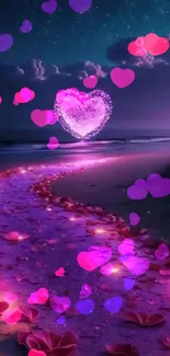 Heart-shaped light over a purple petal path on a beach.