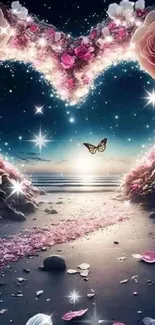 Heart-shaped beach scene with flowers and butterfly.