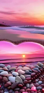 Heart-shaped landscape with pink sunset on the beach.