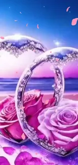 Romantic heart frames with roses on a beach at sunset.