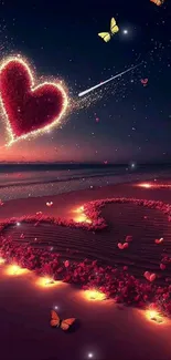 Romantic glowing heart and butterflies on a beach at night.