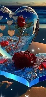 Romantic heart-themed beach wallpaper with red roses and glass hearts.