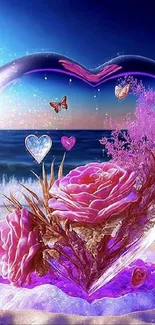 Heart-shaped glass with pink flowers on a beach backdrop.