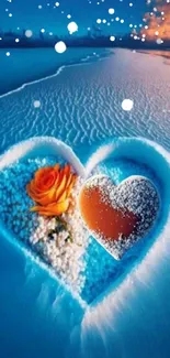 Heart-shaped beach with orange rose and blue ocean backdrop.