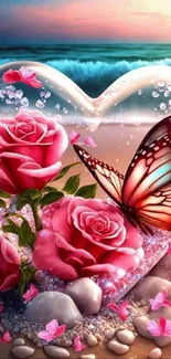 Romantic beach wallpaper with heart, roses, and butterfly.