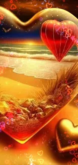 Heart-shaped beach scene with sunset and hot air balloon in vibrant colors.