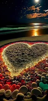 Heart-shaped stone beach under moonlight with colorful glow.