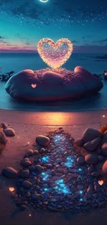 A glowing heart on a tranquil beach at night with a crescent moon in the sky.