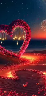 Romantic floral heart on a beach with fireworks and starry night sky.