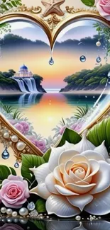 Romantic heart-shaped beach view with flowers and sunset.