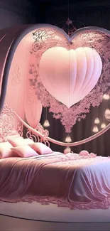 Romantic heart-shaped pink canopy bed with floral accents and soft lighting.