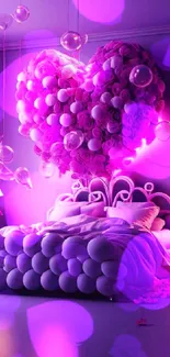 Romantic bedroom with heart-shaped balloons glowing in pink light.