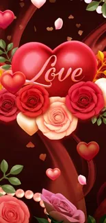 Romantic mobile wallpaper with hearts and roses, featuring vibrant love symbols.