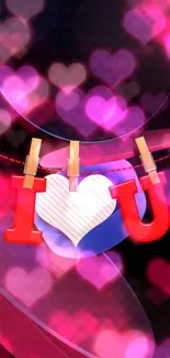 Romantic heart-themed wallpaper with pink and red bokeh effect.