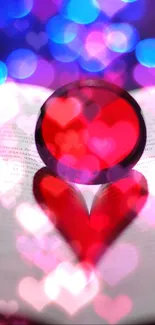 Heart-shaped bokeh with vibrant red, pink, and purple hues.