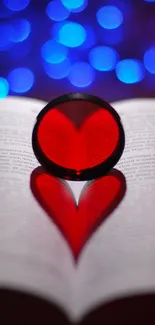 Heart-shaped light with blue bokeh on an open book background.