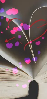 Heart-shaped book pages with pink and purple hearts.