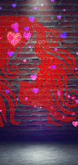 Red heart pattern on a brick wall, artistic wallpaper.