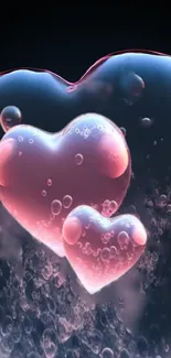 Romantic mobile wallpaper with pink heart bubbles.