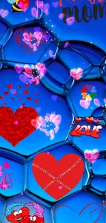 Blue bubble wallpaper with red and pink hearts.