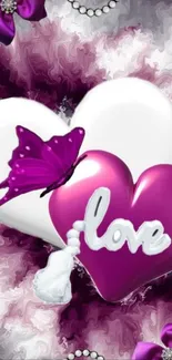 Purple and white heart wallpaper with butterfly and 'love' text.
