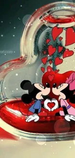 Romantic cartoon wallpaper with heart and red accents.