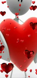 Cartoon figure with large red heart and floating smaller hearts on grey background.