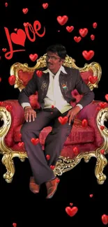 Romantic wallpaper with man on ornate chair surrounded by red hearts.