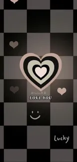 Romantic black heart checkered phone wallpaper.