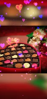 Romantic heart-shaped chocolate box with glowing floral accents.